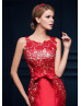 Beaded Red Lace Satin Keyhole Back Fantastic Evening Dress 